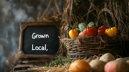 Fresh Vegetables in Rustic Basket with Grown Local Chalkboard Sign