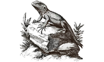 Retro Monochrome Lizard Illustration, Vintage Wildlife Etching, Rustic Rock Reptile Drawing, Detailed Nature Sketch, Antique Animal Print, old engraving style, trendy natural history art