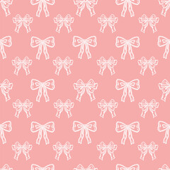 White bows on a pink background. Ribbon bow seamless pattern vector coquettish girly print doodle hand drawn romantic knot background. Feminine holiday accessories texture, vintage cute festive