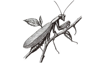 Retro Mantis Engraving on Branch, Vintage Fauna Etching, Monochrome Insect Line Art, Detailed Wildlife Illustration, Rustic Insect Print, Antique Nature Drawing, black sketch