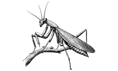 Vintage Mantis Line Art, Retro Insect Engraving, Detailed Wildlife Illustration, Monochrome Fauna Etching, Rustic Nature Drawing, Antique Insect Print, black sketch, classic insect art
