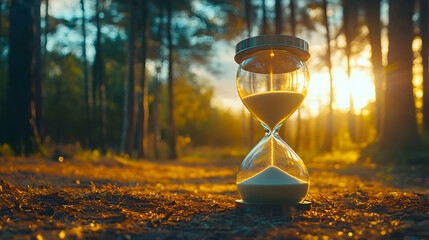 Hourglass in Forest at Sunset with Soft Light and Warm Colors
