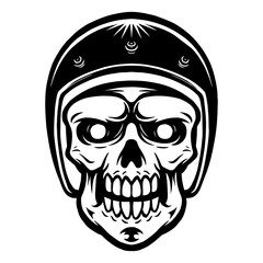 Black line art of a skull wearing a retro helmet, detailed hand-drawn vector illustration. Perfect for streetwear, tattoos, posters, and vintage urban designs with edgy, bold style.
