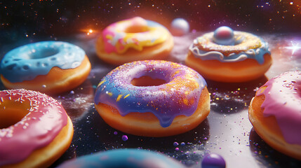 Colorful Galaxy Donuts Against Sparkling Starry Background