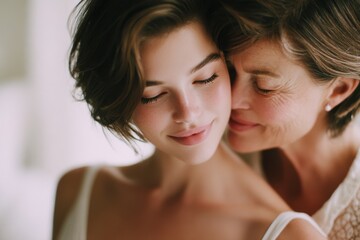 Loving Mother Embracing Daughter in Tender Moment, Representing Family Support and Generational Connection, Ideal for Mother's Day Campaigns : Generative AI
