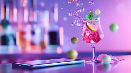Refreshing Colorful Cocktail with Bubbles and Garnish in Bar Setting