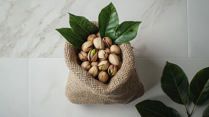 Pistachios in a burlap sack with green leaves on a white marble surface seen from above close up view
