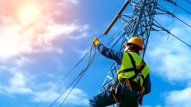 A worker in a safety harness performing maintenance on a towering electric pylon, highlighting the human effort behind energy transmission.