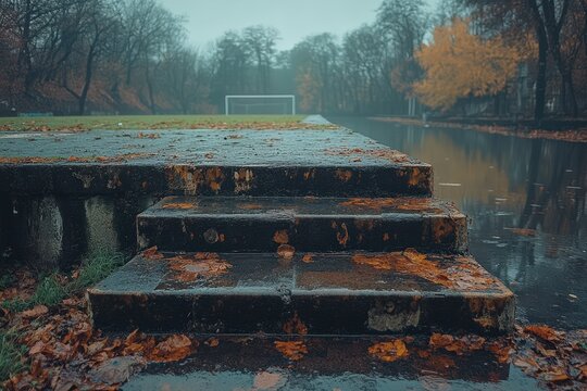 Moody scene of an abandoned football stadium in autumn, with wet concrete steps and a lonely goal in the fog.