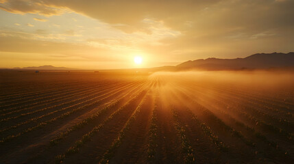 Serene Sunrise Over Agricultural Fields with Gentle Mist and Light