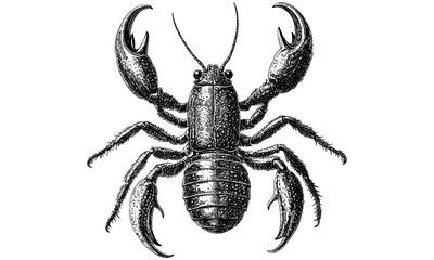 Vintage scorpion crawling, hand-etched insect illustration, monochrome animal sketch, rustic wildlife art, detailed etching, nature wall decor, old engraving style, vintage arachnid line drawing