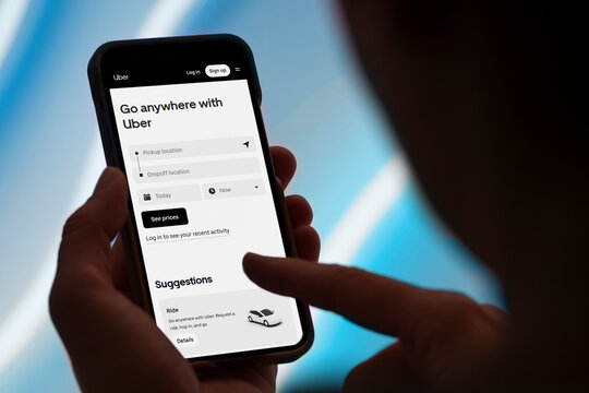 Guilherand-Granges, France - May 19, 2025. Uber Technologies, Inc. is a global leader in ride-hailing and food delivery, connecting users with drivers and couriers via its mobile app.