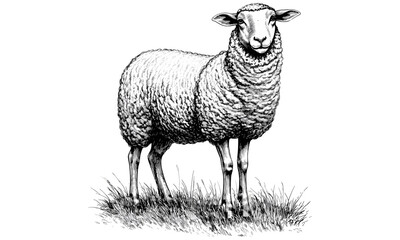 Vintage Sheep Illustration, Sheep Grazing in Pasture, Hand-drawn Engraving Style, Rustic Farm Animal Wall Print, Monochrome Pastoral Drawing, Old Engraving Style, Farm Life Art