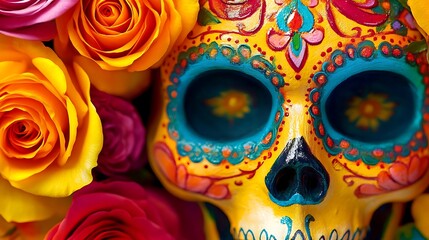 A decorated skull surrounded with vibrant colorful roses in a close up