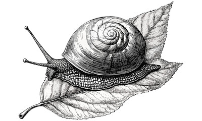 Vintage hand-drawn snail on leaf, monochrome detailed animal print, rustic creature art, scientific study sketch, old engraving style, nature illustration, trendy botanical sketch art © Vintage Studio