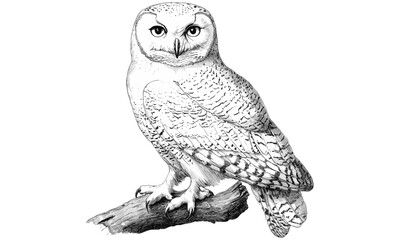Vintage Snowy Owl Illustration, Hand-drawn, Black Sketch Effect, Old Engraving Style, Arctic Wildlife Print, Rustic Bird Wall Decor, Forest Animals, Classic Natural History Art