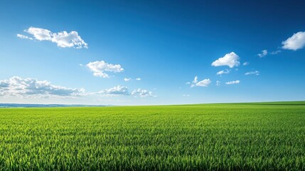 Obraz premium Vast field of vibrant green grass under a clear blue sky. A serene rural landscape