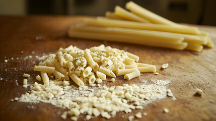 Raw Pasta and Flour on Wooden Surface with Uncooked Noodles