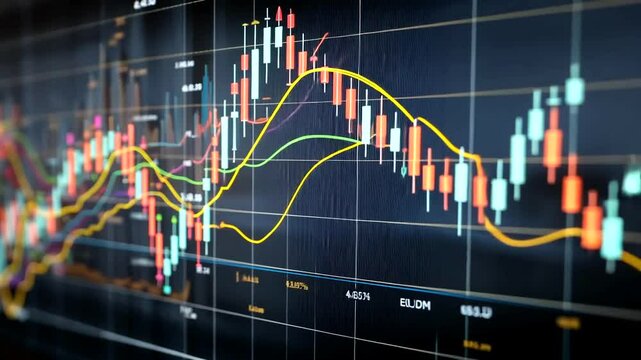 Dynamic stock market chart with vibrant candlesticks and trendlines
