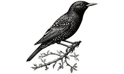 Starling Perched Vintage Bird Drawing, Rustic Scientific Illustration, Hand-etched Ornithological Art, Monochrome Wildlife Sketch, Vintage nature print, black line art, old engraving style