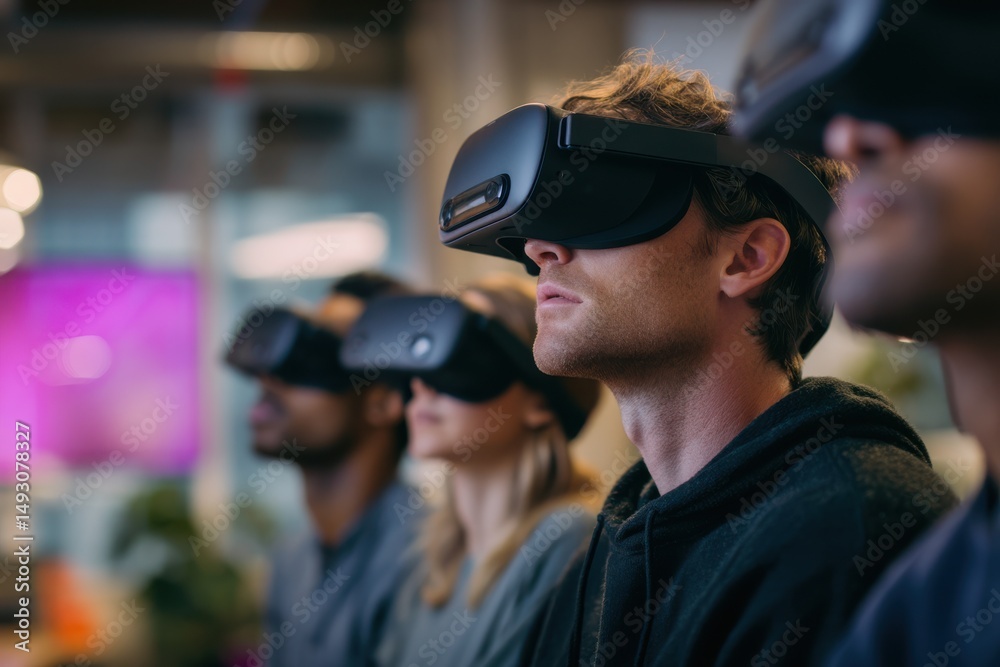 Aufkleber diverse group wearing vr headsets, exploring immersive technology and digital innovation in a modern