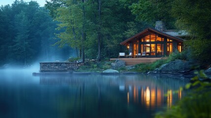 Obraz premium Tranquil lakefront cabin at dusk. Wooden home nestled on a serene lake, surrounded by misty forest. Warm light emanates from the cabin's windows