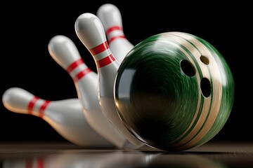 Dynamic Bowling Strike: Green Ball and Pins in Motion