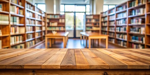 Obraz premium Distant wooden table in empty room with blurred library view behind, blurring effect
