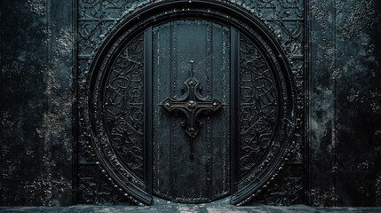 Ornate gothic metal door with circular frame and cross detail in a dark and textured setting
