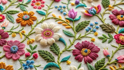 Close-up of intricate floral patterns on a piece of embroidered fabric, showcasing delicate stitches and thread textures , floral patterns, needlework
