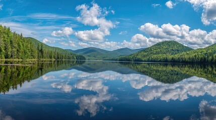 Fototapeta premium Panoramic view of a lake with a beautiful blue sky and forest in the background, where the water perfectly reflects the scenic landscape.