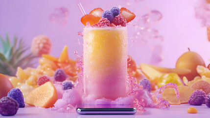 Colorful Fruit Drink with Bubbles and Fresh Fruits on a Table
