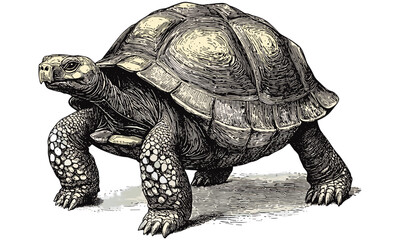 Tortoise Walking Slowly, Hand-drawn Vintage Reptile Illustration, Black Sketch Effect, Antique Wildlife Art, Rustic Animal Wall Decor, Old Engraving Style, Nature Wall Poster
