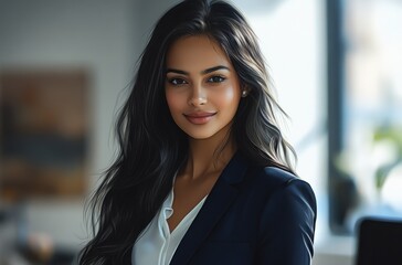 Naklejka premium Smart and professional Indian woman with deep, thoughtful eyes and a soft wave in her long hair