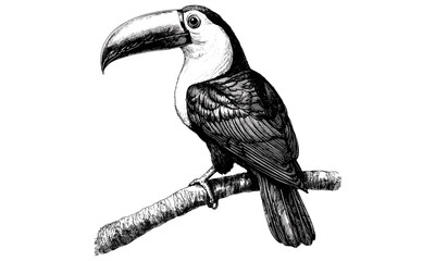 Vintage Tropical Toucan, Rustic Animal Print, Hand-drawn Illustration, Old Engraving Sketch, Black Ink Effect, Exotic Bird Art, Retro Jungle Wildlife, antique bird illustration © Vintage Studio