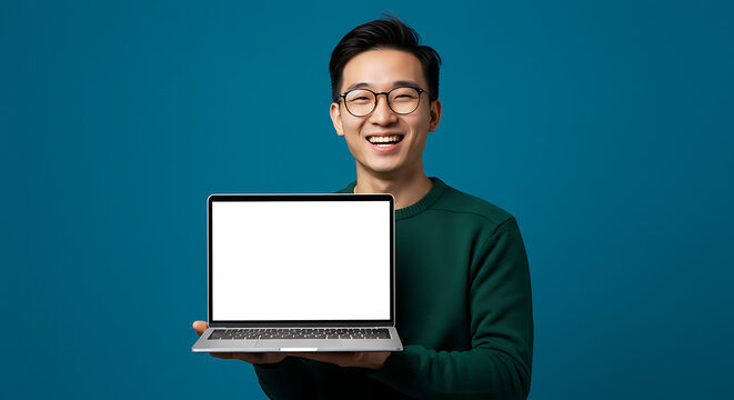 Happy Asian Man Holding Laptop with Blank Screen, Mockup for Technology and Website Design