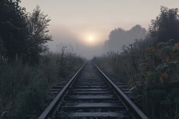 Fototapeta premium A misty sunrise illuminates a lone railway track disappearing into the fog, creating a mysterious and serene atmosphere.