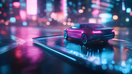 Futuristic Car Model on Digital Display Surrounded by Neon Lights