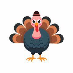 Cute Cartoon Turkey with Big Eyes and Feathers – Simple Vector Animal Illustration

