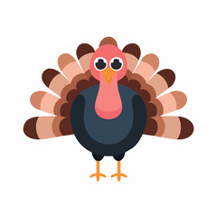 Cute Cartoon Turkey with Big Eyes and Feathers – Simple Vector Animal Illustration

