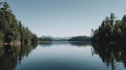 Panoramic view of a lake with a beautiful blue sky and forest in the background, where the water perfectly reflects the scenic landscape.