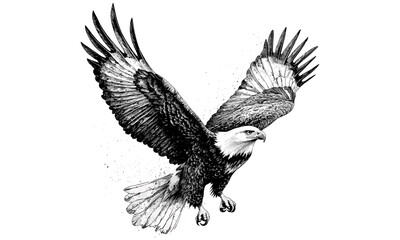 Trendy Bald Eagle Flying Illustration, Hand-drawn Bird of Prey in Old Engraving Style, Vintage Monochrome Sketch, Retro Wildlife Art for Ornithology Decor, majestic raptor art,