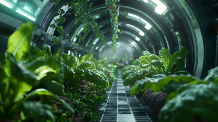 Futuristic Indoor Hydroponic Farm with Lush Green Plants Growth