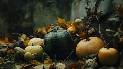 Autumn Harvest Display with Colorful Pumpkins and Fallen Leaves