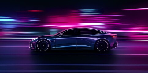 Sleek Electric Car Speeding Through Neon City at Night