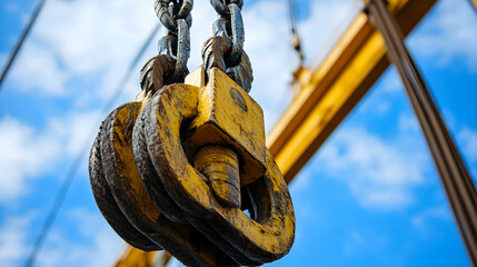 Close-Up of Heavy Industrial Hook and Chain Against Blue Sky