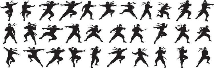 Ninja silhouette vector pack: action poses, martial arts, warriors, assassins, fighters, shadow warriors