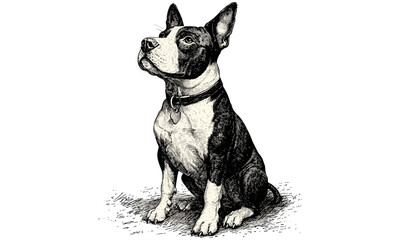 Bull Terrier Sitting Vintage Sketch, Black Hand-drawn Dog Engraving, Retro Animal Illustration, Antique Monochrome Print, Trendy Pet Art for Home, Rustic Wall Decor