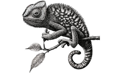 Vintage monochrome chameleon illustration on branch, hand-drawn reptile sketch, old engraving style, wildlife art, exotic animal decor, nature print, natural history art © Vintage Studio