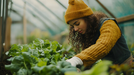 Young Woman Tending to Vegetables in a Greenhouse Garden